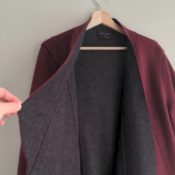 Eileen Fisher Burgundy/Gray Long Wool Moto Sweater Cardigan Jacket - Picture 5 of 7